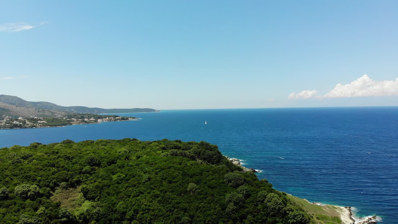A drone view of the Straits of Corfu and the Albanian Coastline