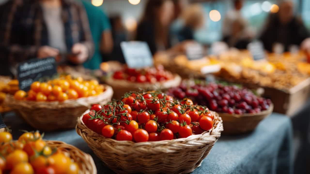 A Vibrant Marketplace Scene Featuring an Abundance of Fresh, Colorful Tomatoes and Various Baskets of Fruits, Capturing the Essence of Farm-to-Table Quality Produce