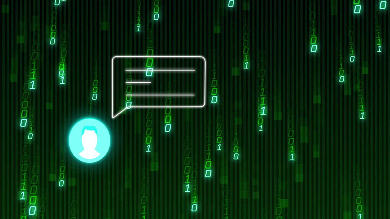 Animation of chat bubble and user icon over digital binary code background