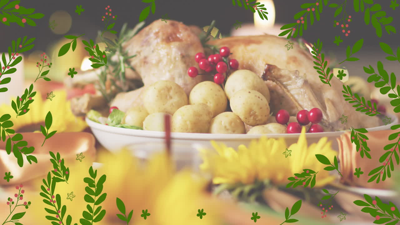 추수감사절 저녁 식사 배경 위에 가을 잎의 애니메이션