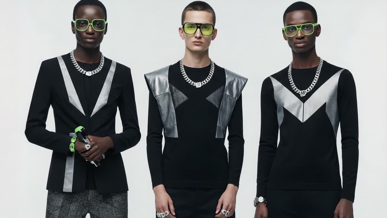 Dynamic Fashion Trio Showcasing Modern Styles with Eye-Catching Outfits and Accessories in a Chic Photographic Setting