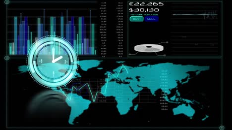 Animation-Einer-Sich-Schnell-Bewegenden-Uhr-über-Die-Datenverarbeitung-Und-Eine-Weltkarte-Auf-Dem-Bildschirm