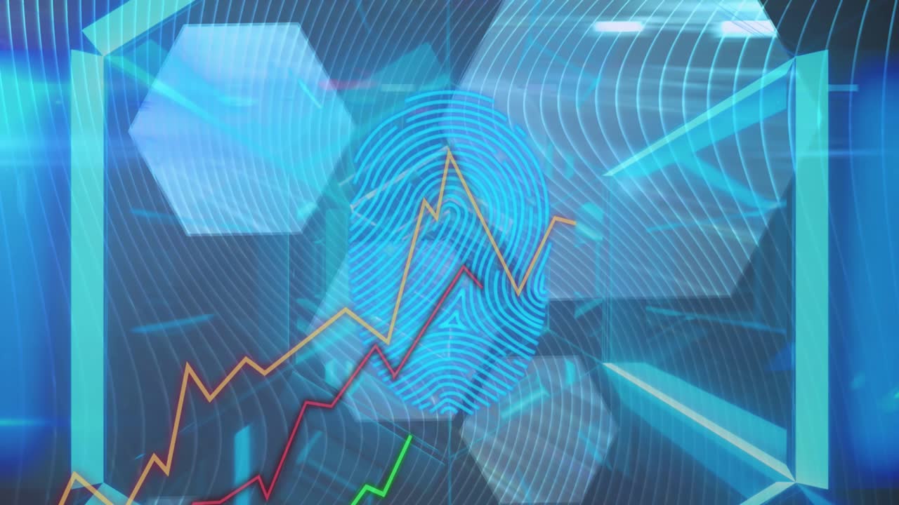 Animation of data processing over shapes on black background