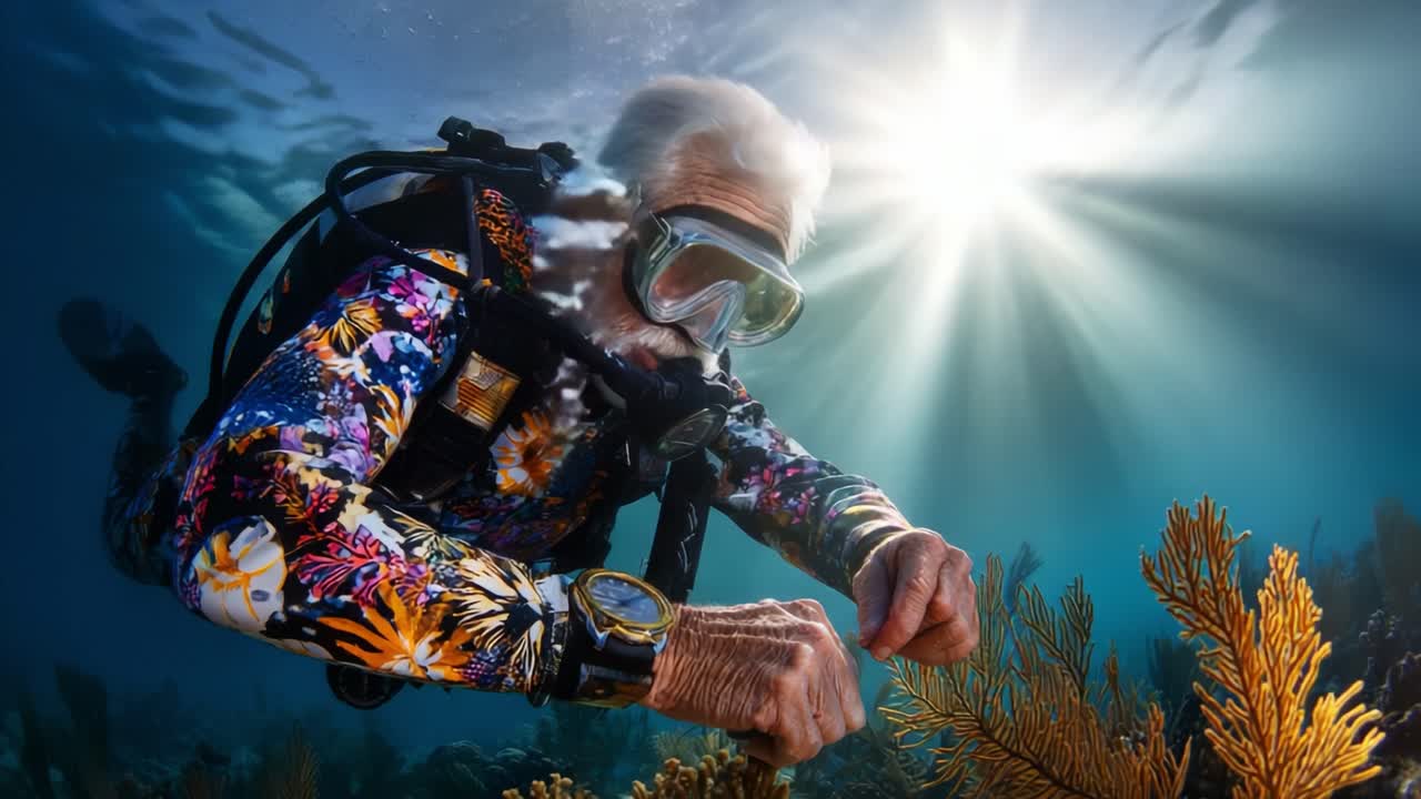 An inspiring elderly diver explores vibrant ocean life, showcasing the beauty of coral reefs while reflecting the joy of discovery and connection with marine nature underwater