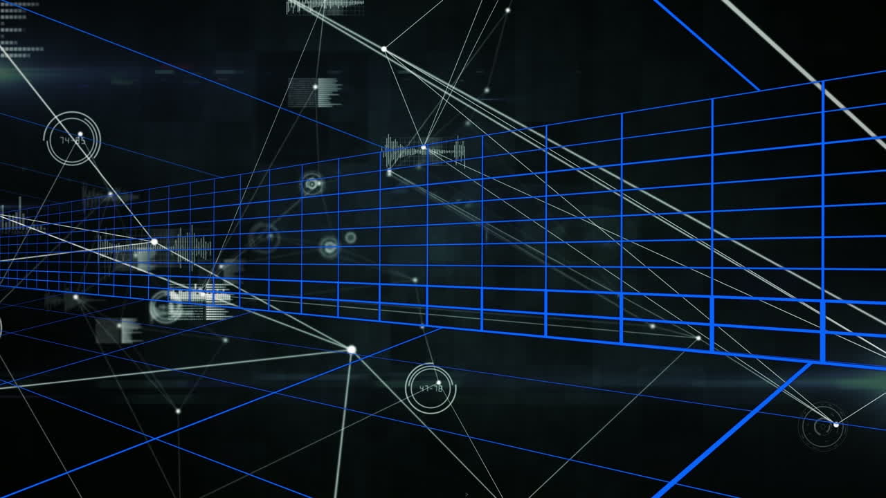 어두운 배경 위에 연결 네트워크와 아이콘의 애니메이션