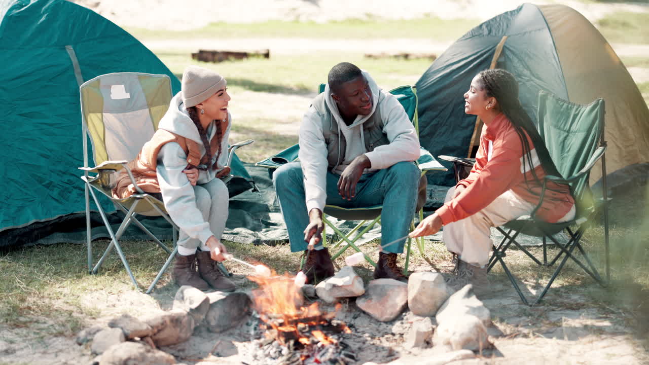 Friends camping and roasting marshmallows over a campfire