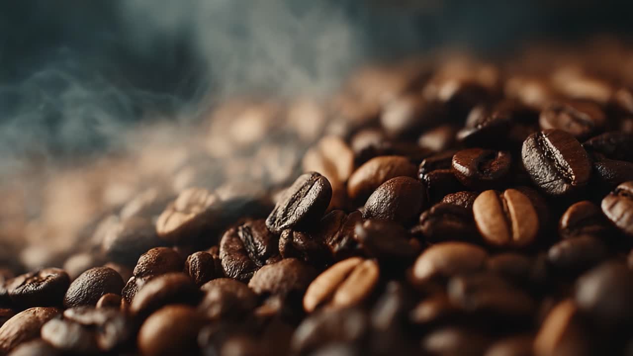 Fængslende nærbillede af ristede kaffebønner med hvirvlende aromatisk damp, der fremkalder en rig og indbydende aroma, som vækker sanserne