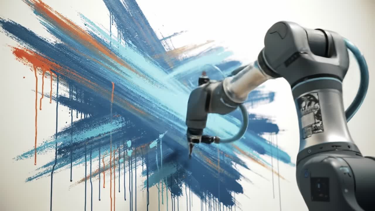 A Robotic Artist's Creation: Capturing the Dynamic Motion of a Robotic Arm as it Paints a Burst of Colorful Strokes on Canvas