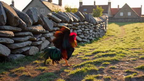 rooster by a stone wall