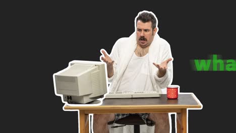 malas noticias. hombre sentado en la computadora y el monitor retro. enojado conmocionado gracioso freelancer o trabajador de oficina usando internet en casa. animación en bucle. 4k. diseño de stop motion, animación 2d. concepto de negocio