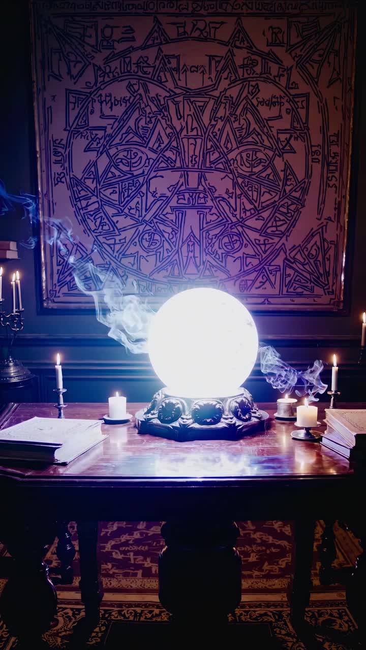 Mystical scene with a crystal ball on a table, surrounded by candles