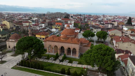 Nicea-Archaeological-Museum,-Old-Ottoman-Building-In-Iznik,-Turkey---aerial-drone-shot