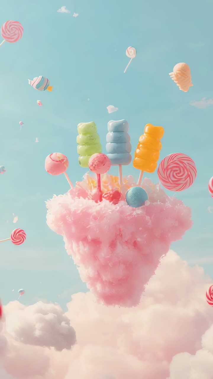 Vertical video: Camera panning revealing pink cotton candy island in sky with lollipops, copy space