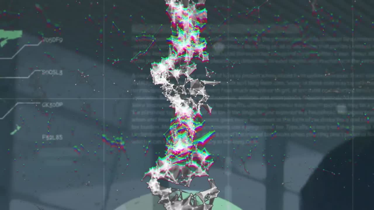 dna 스트랜드의 애니메이션과 데이터 처리는 사무실에서 다양한 비즈니스 사람들을 통해