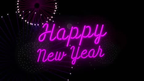 Animation-of-happy-new-year-text-over-fireworks-on-black-background