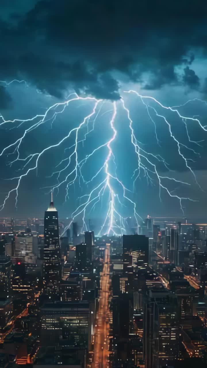 Vertical video: Storm clouds growing, producing lightning bolts over night city, with lit avenue
