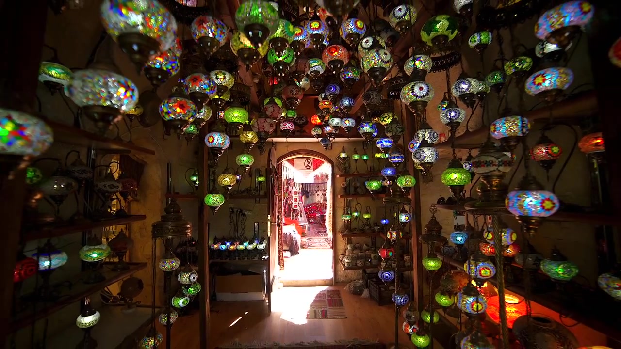 Traditional Turkish Mosaic Lamps Hanging in a Shop