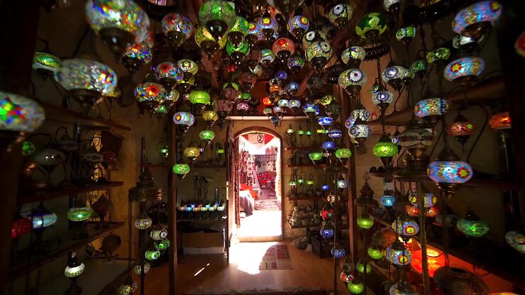 Lampade a mosaico turche tradizionali appese in un negozio