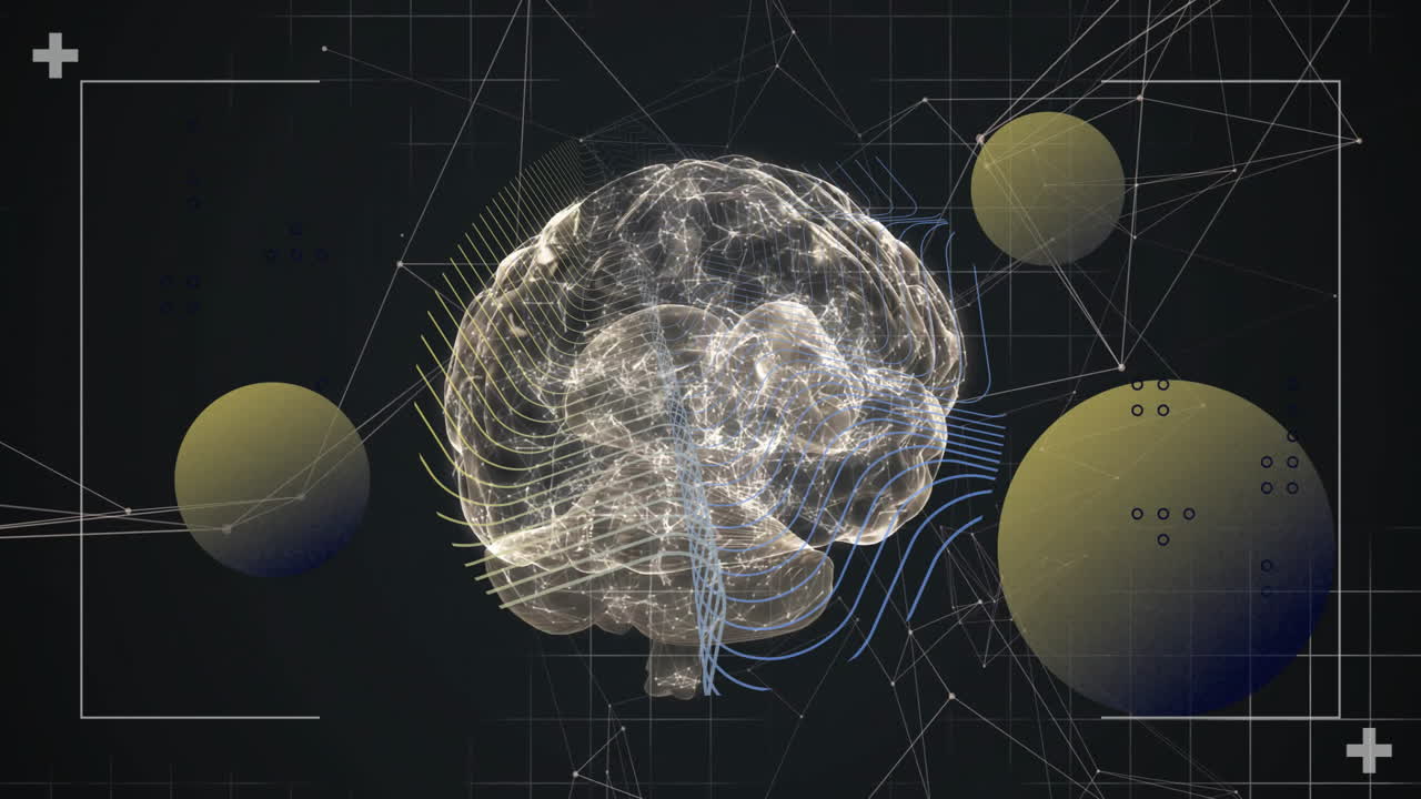 Digital animation of brain with geometric shapes and lines on dark background