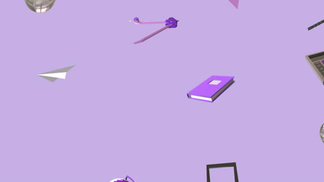 animation of school item icons moving with copy space on purple background