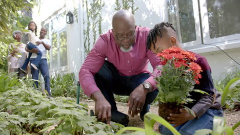 Feliz-Abuelo-Y-Nieto-Afroamericano-Plantando-Flores,-Con-Familia-En-El-Jardín,-Cámara-Lenta