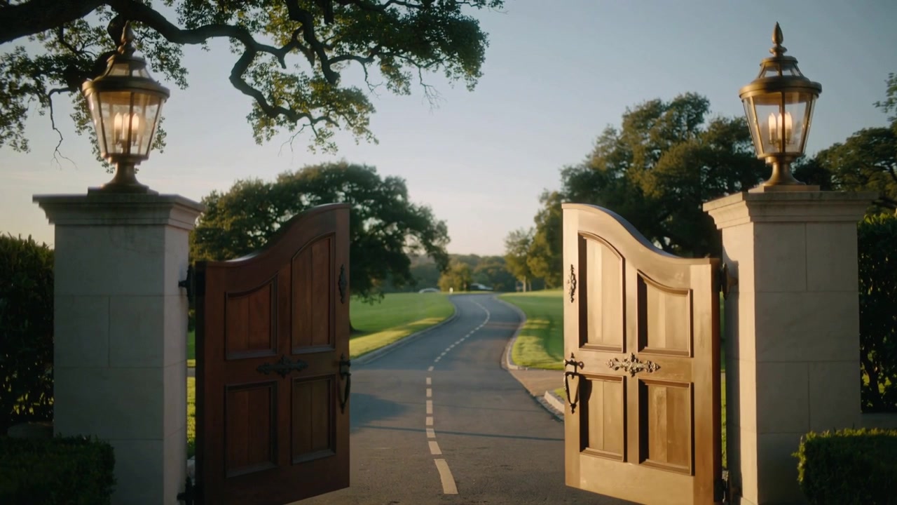 Swinging double wooden driveway gates opening for white vehicle approaching estate gate