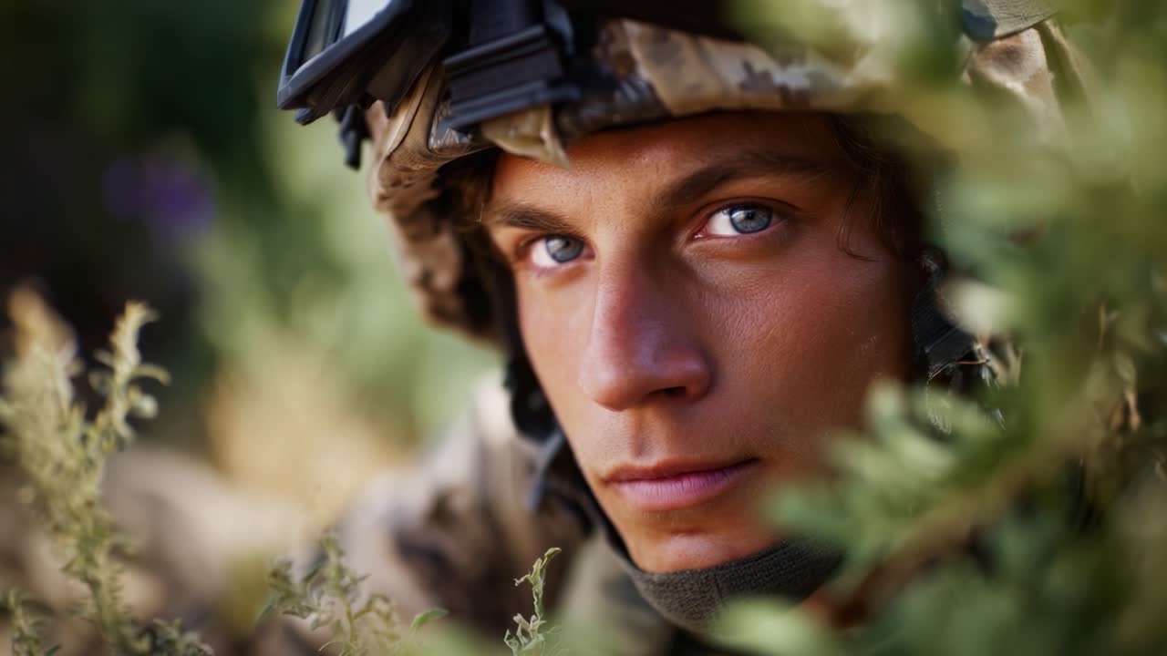 Een jonge soldaat poseert in camouflage te midden van de natuur, toont focus en vastberadenheid met intense ogen, klaar voor actie en dienst in een militaire omgeving