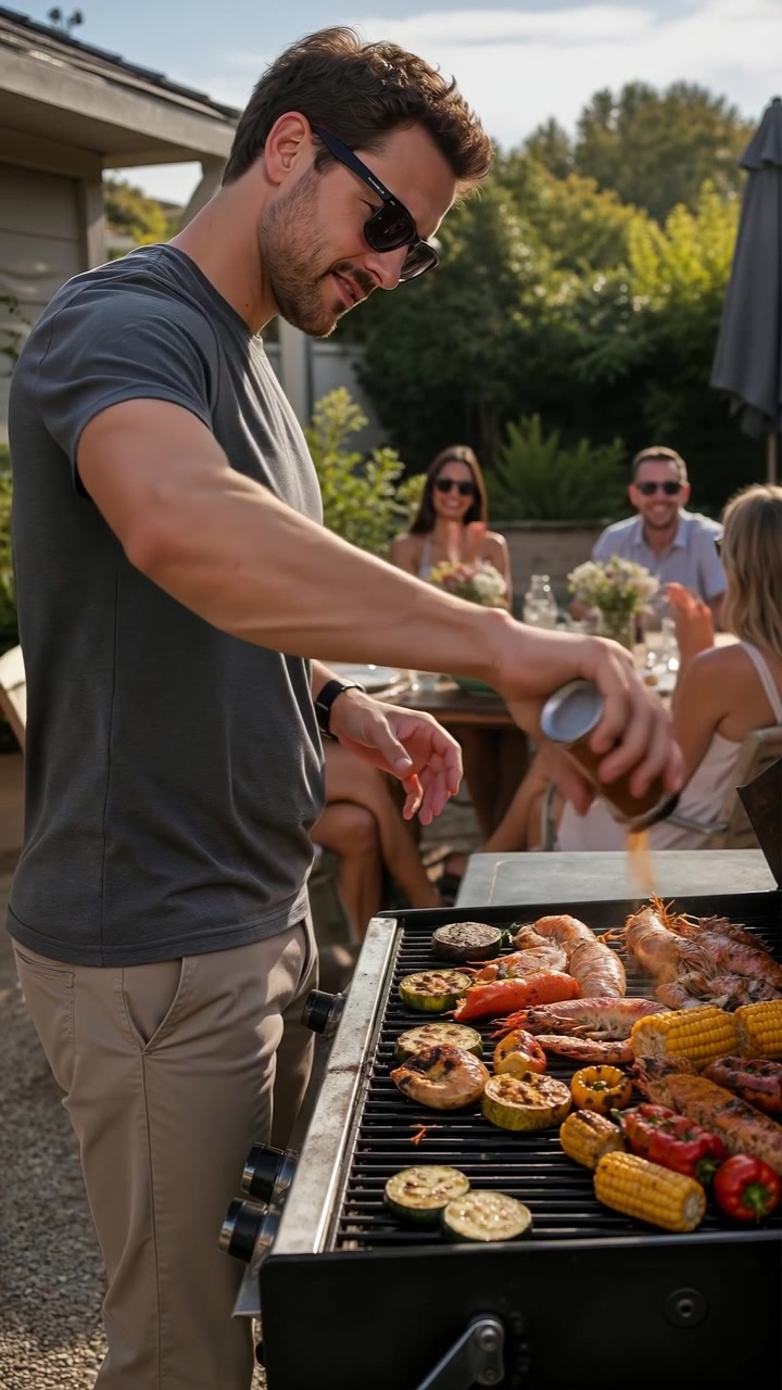 Smiling man grilling seafood and vegetables at a backyard barbecue party with friends