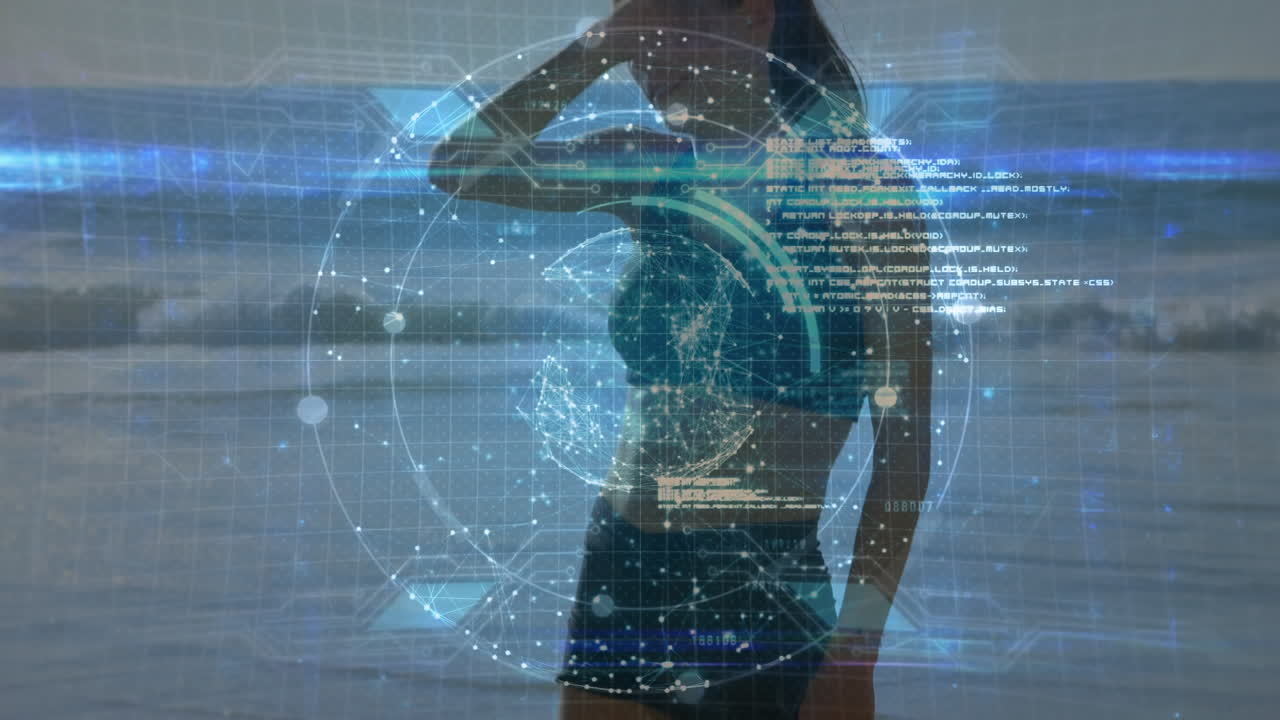 animación del procesamiento de datos sobre una mujer caucásica en la playa