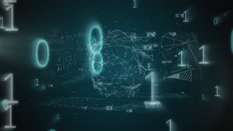 Animation of binary code, connections and scientific data on blue background