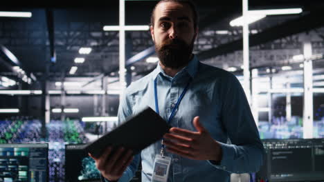 data center system administrator showcasing supercomputers gear and ai