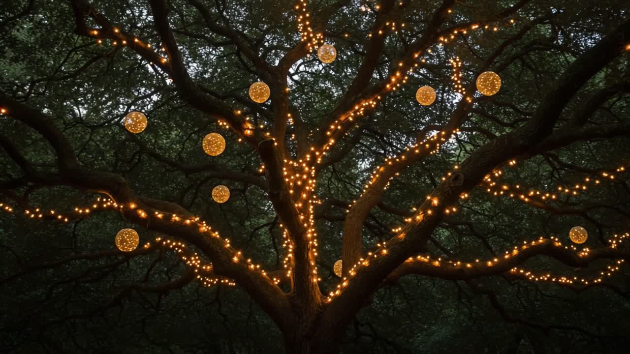 A Majestic Tree Adorned with Twinkling Lights and Glowing Orbs, Creating a Magical Atmosphere in Nature's Embrace During Evening Twilight