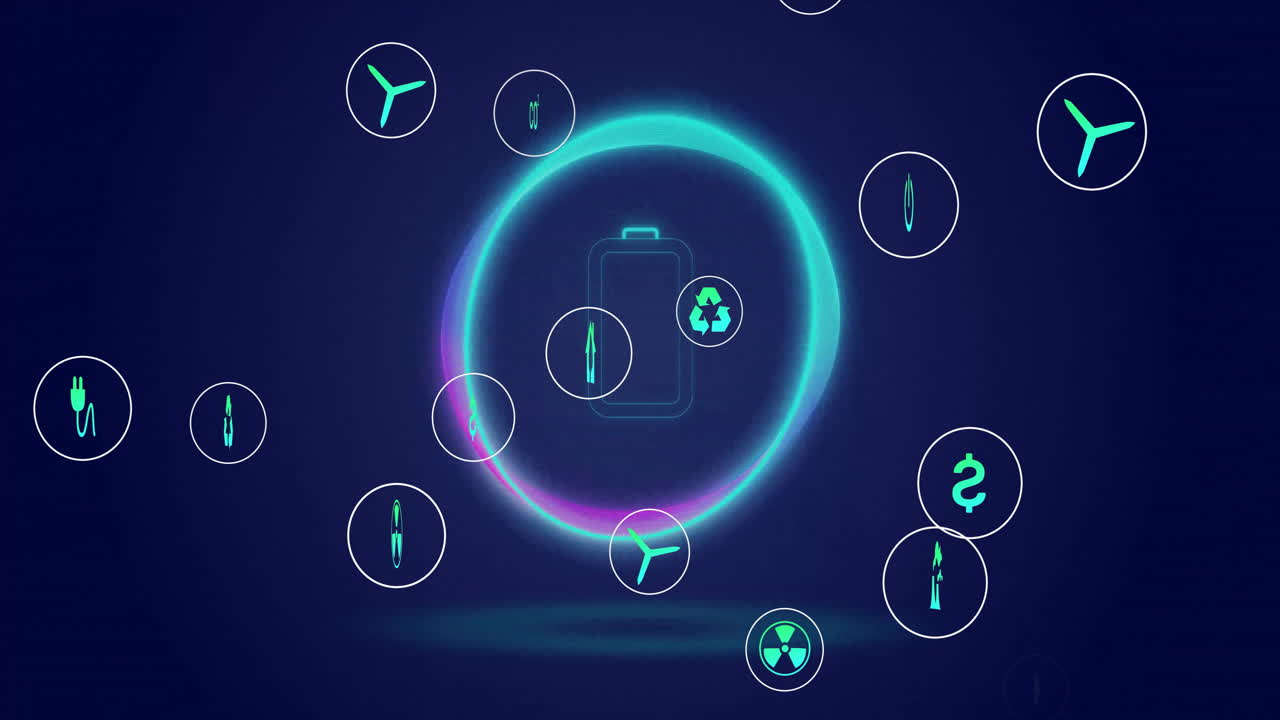 icono de batería rodeado de varios símbolos relacionados con la energía, animación futurista