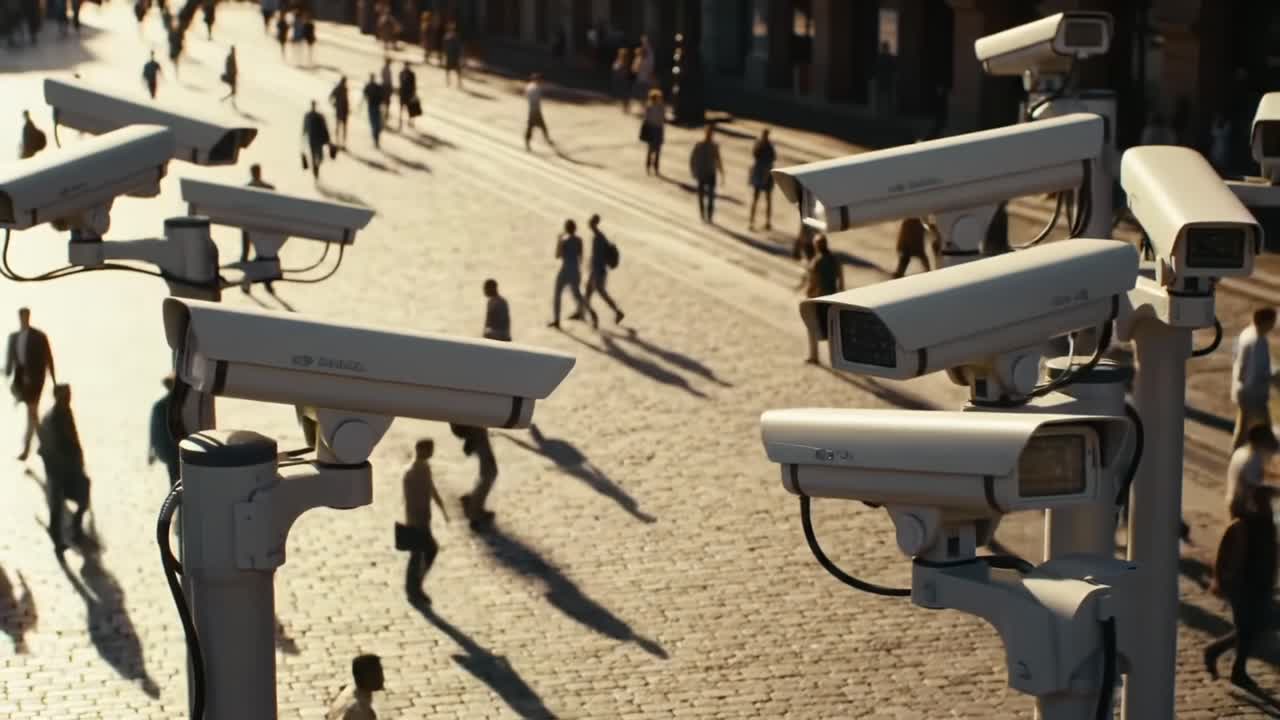 A Network of Surveillance Cameras Observing Pedestrians in a Busy Urban Area, Capturing the Dynamic Movement of People on a Bright, Sunny Day