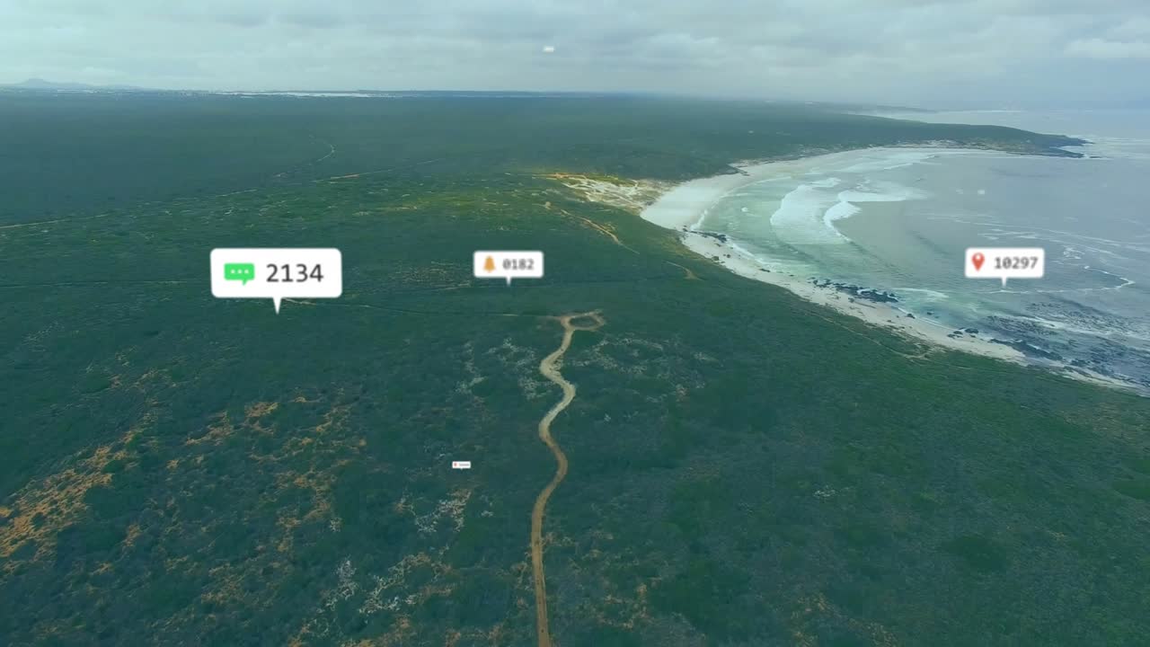 Camera pulling back, data tags appearing over coastal track, clustering, updating, visualizing tags