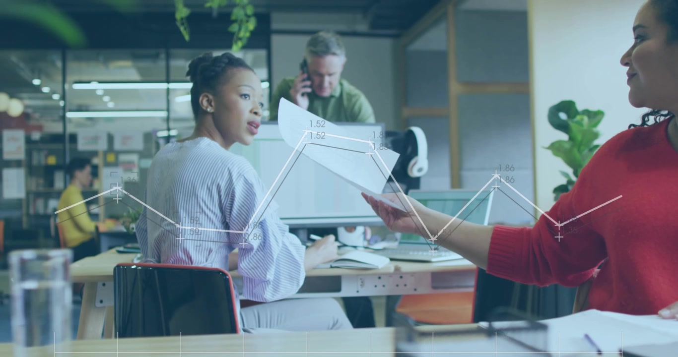 Animation of network of connections and data processing over business people in office