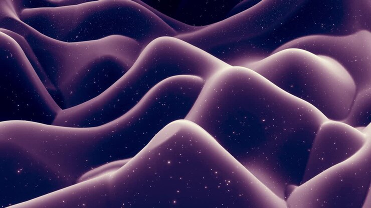 Abstract waves of soft black matte material with light inner glow and glitters on morphing surface. Abstract geometric surface like landscape or terrain, extrude or displace 3d noise. Loop 4k