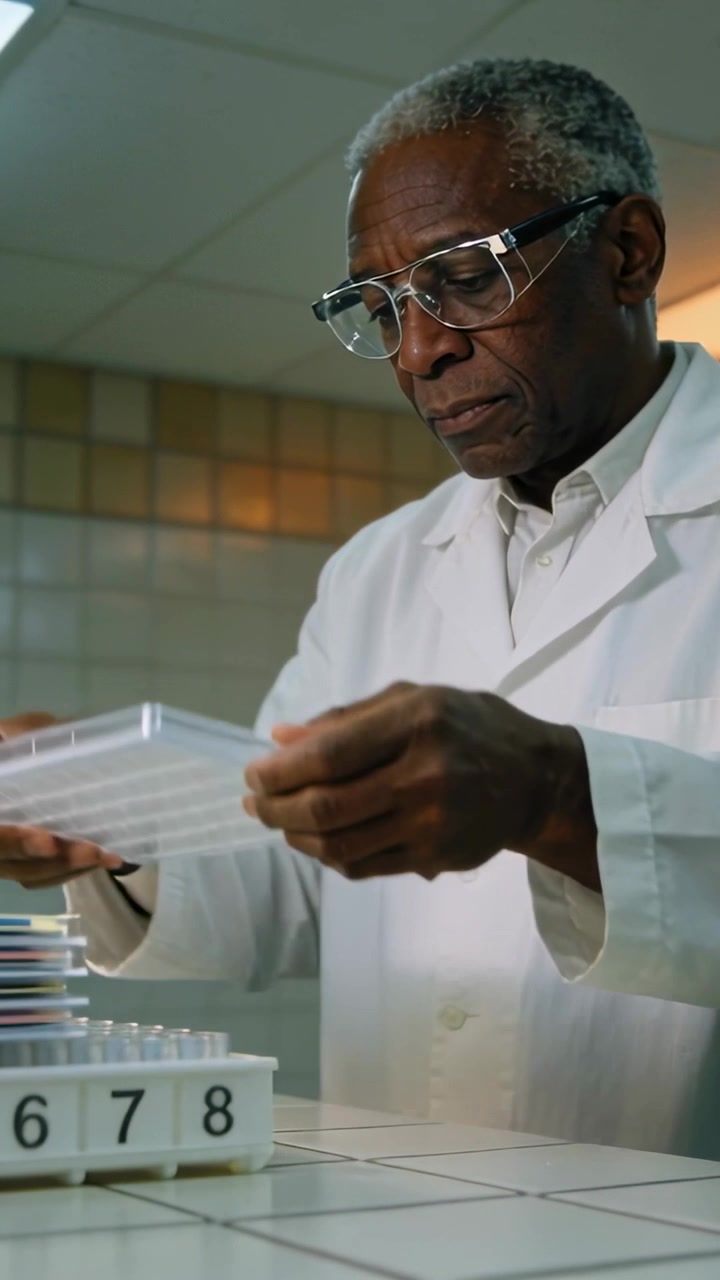 Vertical video: Lifting color trays, tech with coat, specs placing into labeled rack in lab to test