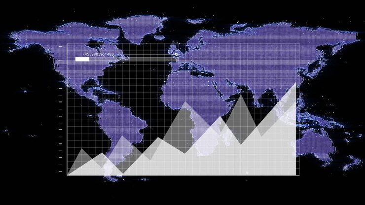 Animazione di elaborazione dati finanziari su una mappa del mondo.