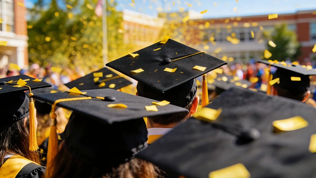 Coriandoli gialli che cadono, un tocco di laurea centrale che raccoglie i pezzi nel campus, toga nera e nappa dorata