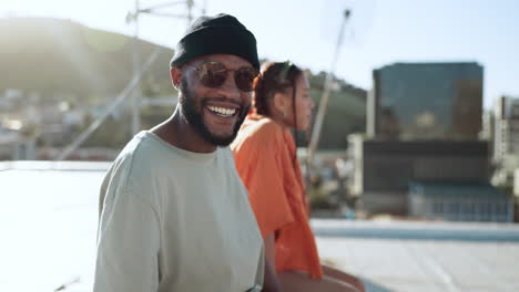 black couple, smile and portrait on rooftop