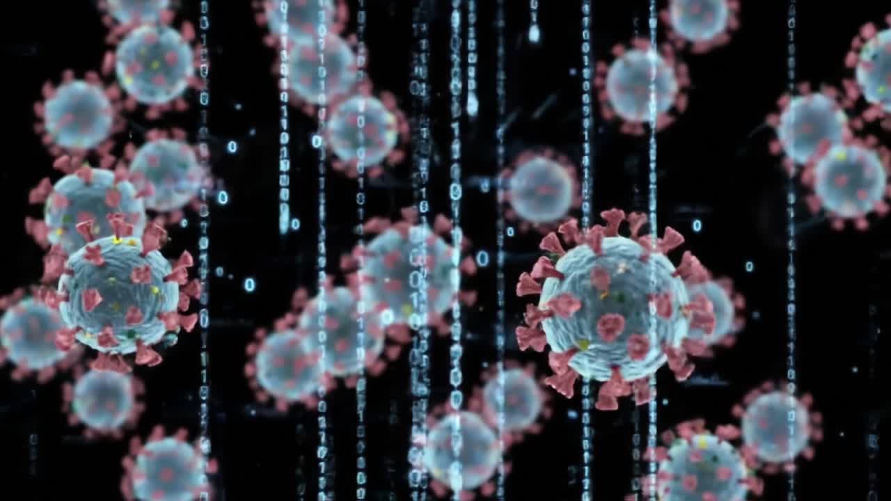 Dynamic Visualization of Virus Particles in a Digital Environment, Capturing the Interplay of Biological Structures and Data Streams in a Suspenseful Backdrop.