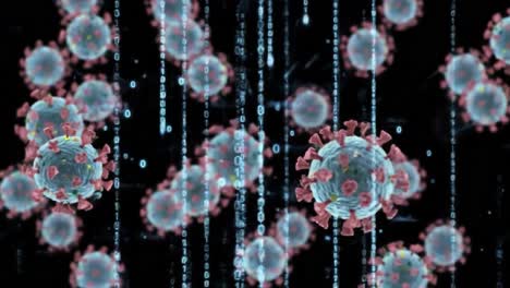dynamic visualization of virus particles in a digital environment, capturing the interplay of biological structures and data streams in a suspenseful backdrop.