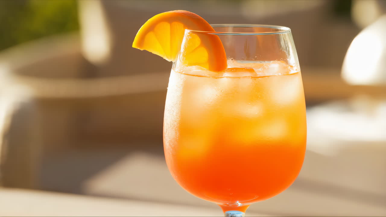 Coquetel de laranja refrescante com gelo e guarnição cítrica.