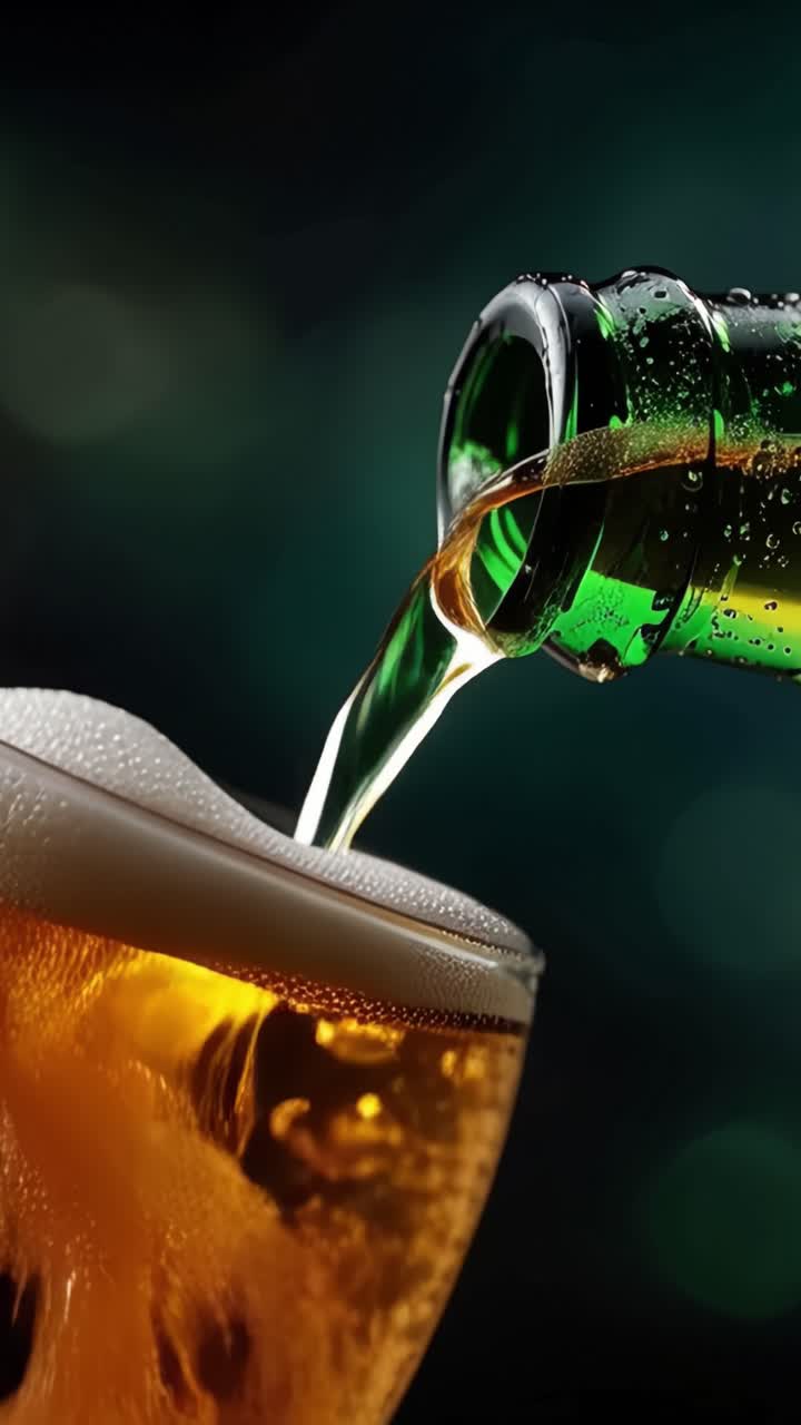 Versamento Rinfrescante di Bevanda Dorata da Bottiglia Verde in Bicchiere Trasparente con Bollicine e Schiuma su Sfondo Scuro Leggermente Sfocato.