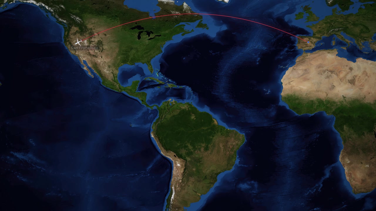 A red line tracks an airplane flying across the Atlantic Ocean on a world map