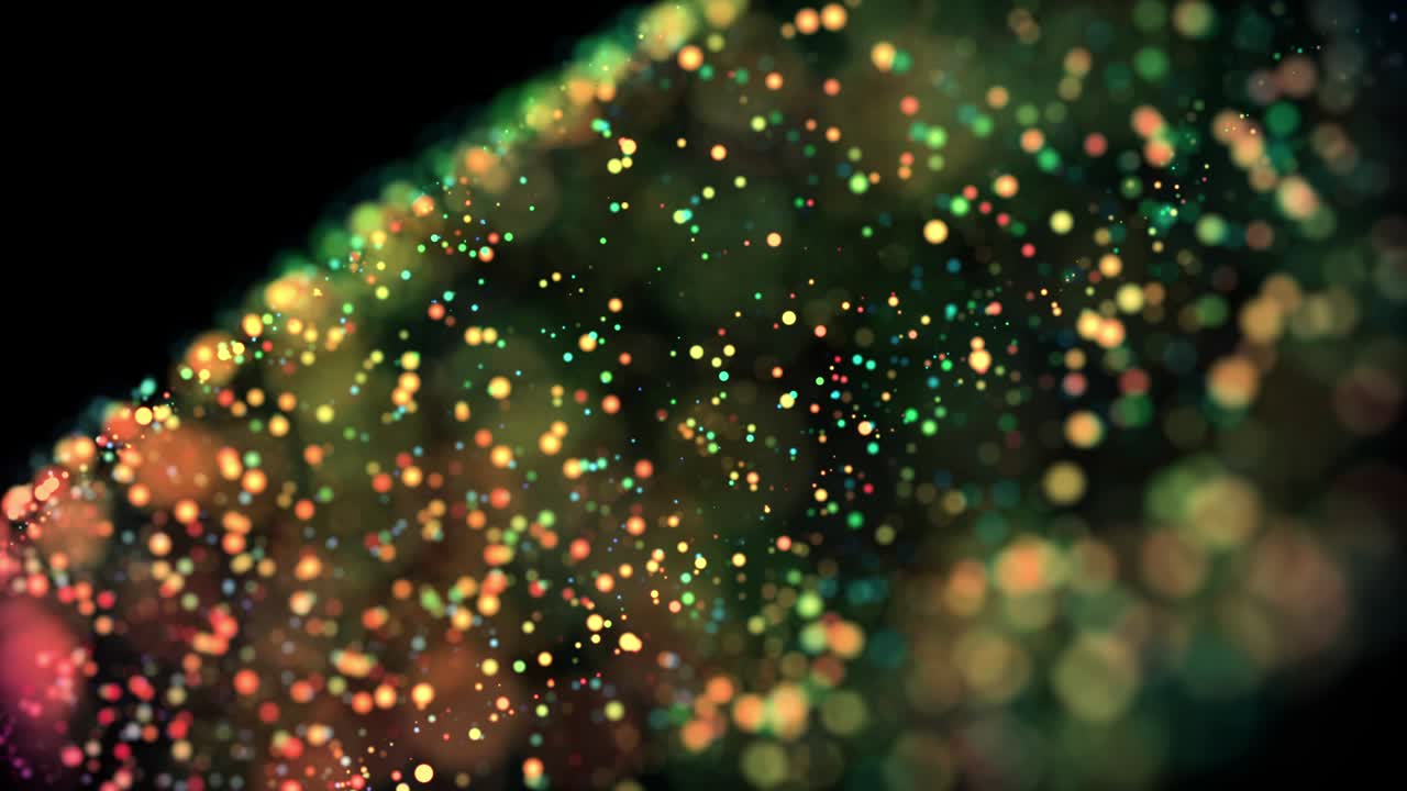 액체에 있는 다채로운 입자들이 떠다니며 반이는 4k 3d 아드션 배경, 반이는 입자, 검은색에 고립된 현장 깊이 및 보케 (bokeh)