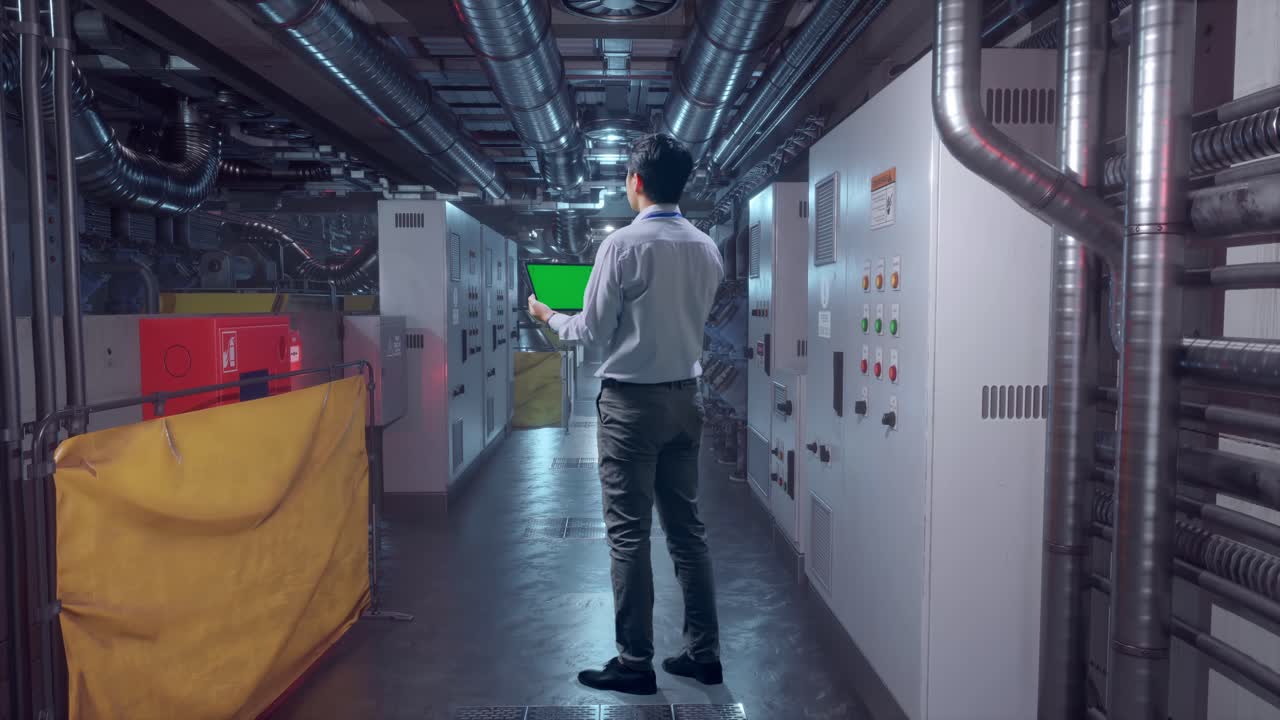Full Body Back View Of An Asian Male Professional Worker Standing With Green Screen Tablet In Engine Control Room, Industrial Facility