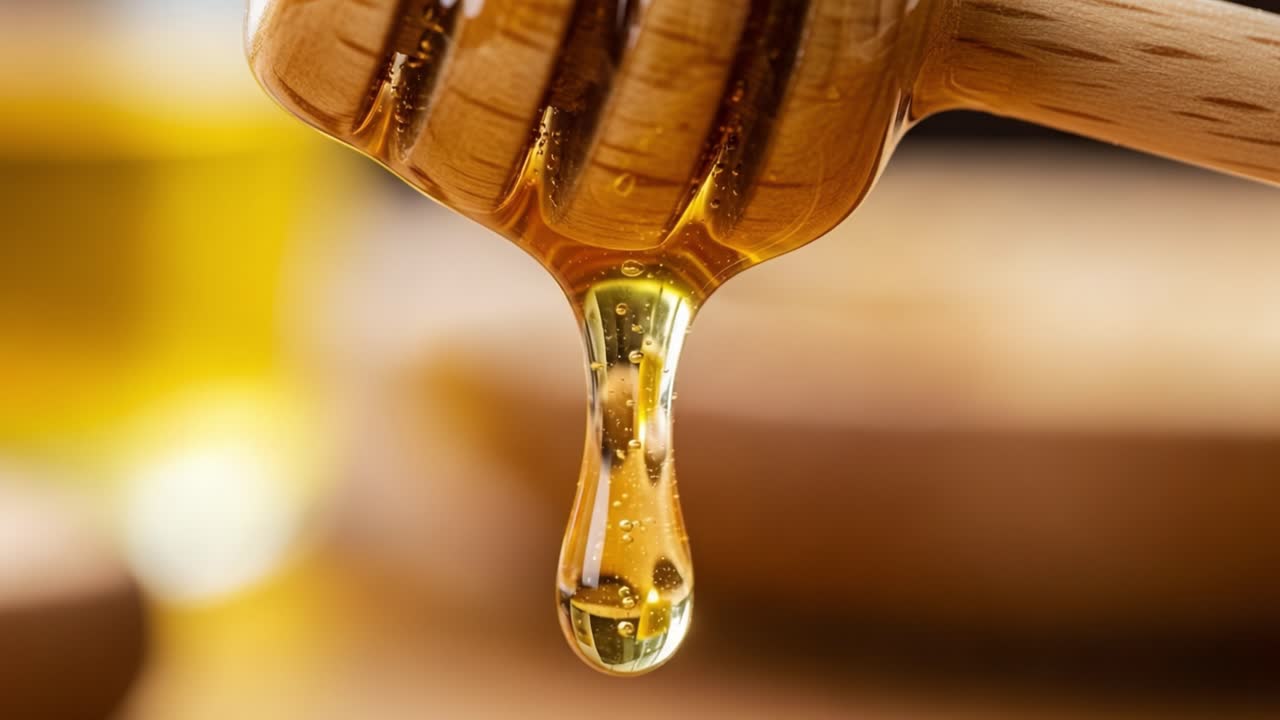 Cattura l'essenza dell'oro liquido: primo piano di miele che gocciola da un mestolo di legno, che mette in mostra la sua texture lucida e il suo aroma dolce