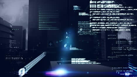 animación del procesamiento de datos y puntos de luz contra la vista aérea de edificios altos.